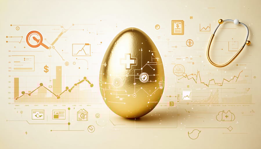 Digital illustration of a golden nest egg surrounded by medical and financial symbols, representing strategic retirement planning through Health Savings Accounts.