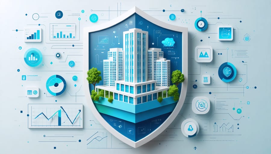 Conceptual illustration of a layered shield with real estate buildings, digital tech symbols, financial graphs, and risk protection icons representing a smart insurance strategy for real estate investment protection.