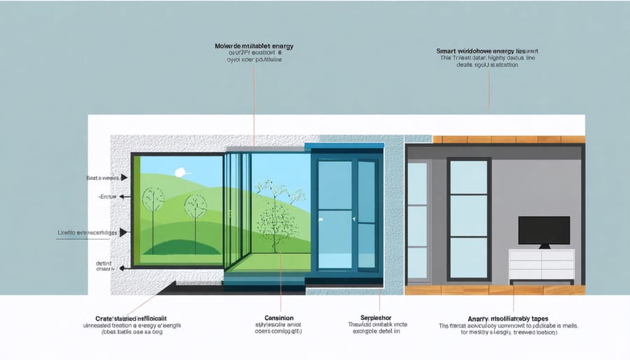 Technical illustration of smart window layers and components highlighting energy-saving features