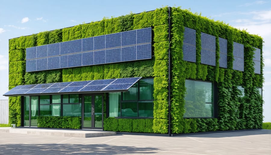 Eco-friendly commercial building featuring vertical gardens and integrated solar panels