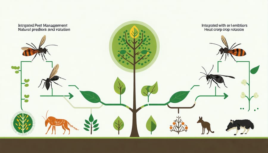 Circular diagram illustrating sustainable pest management methods including beneficial insects and crop diversity