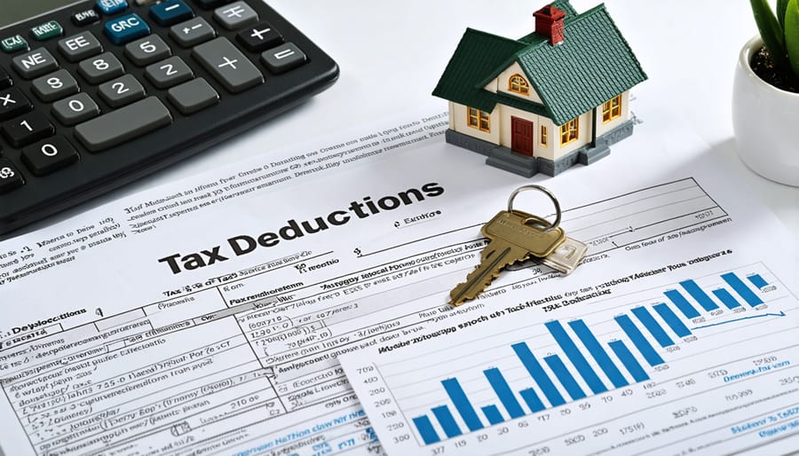 An overhead view of a desk with IRS tax forms, a calculator, keys next to a miniature house model, and a chart of tax deductions, symbolizing strategic tax planning for rental property owners.