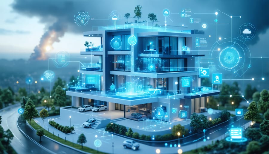 An abstract representation of a smart building with IoT sensors connected to a central hub, illustrating telematics and IoT integration in real-time property monitoring and insurance claims management.