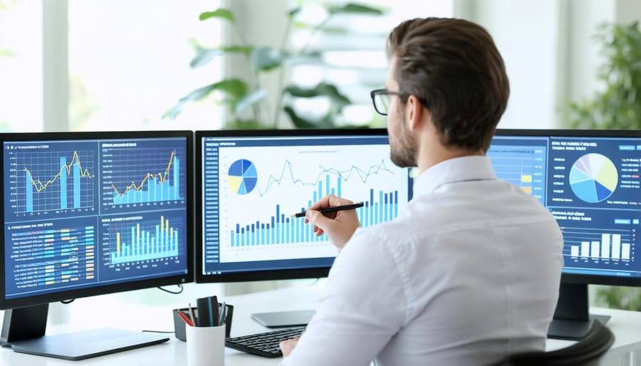 Real estate professional using modern underwriting software with multiple data displays