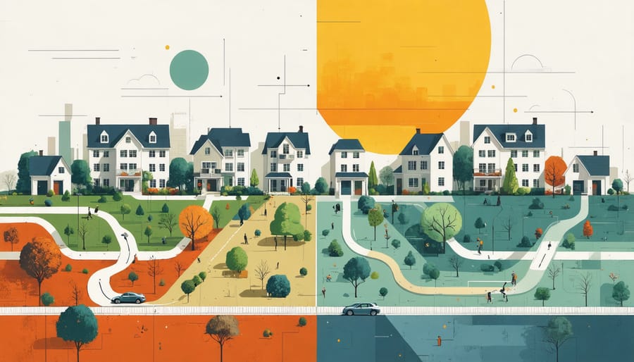 Conceptual illustration of a neighborhood undergoing zoning transformation with single-family, multi-family, and mixed-use buildings, highlighting the impact on affordable housing.