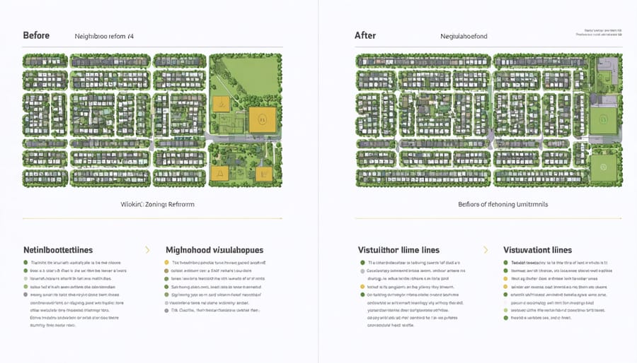 Side-by-side comparison showing transformation of a neighborhood from single-family only to mixed density housing