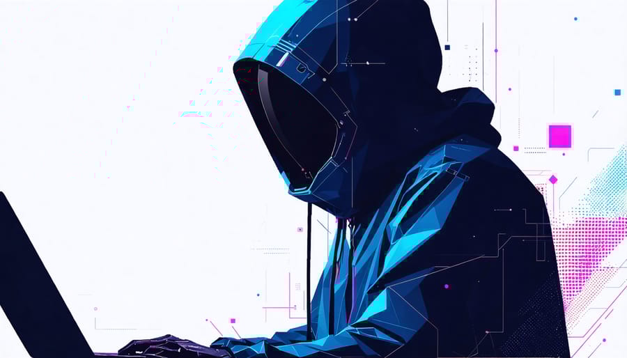 3D illustration of cybercriminal using AI to forge insurance documents and identities