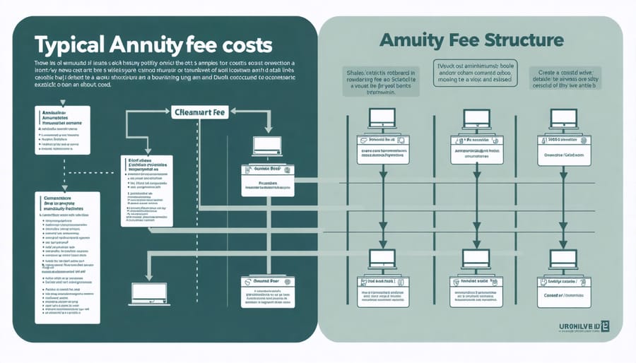 Infographic depicting various annuity fees including surrender charges, mortality expenses, and administrative fees