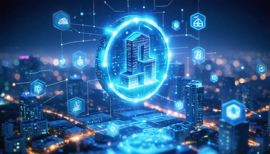 3D illustration showing a digital property token amidst a digital cityscape, with interconnected blockchain nodes and smart contract icons, depicting the modernization of real estate through blockchain technology.