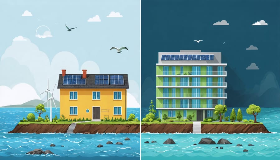 A split-screen image contrasting a coastal property affected by flooding with a sustainable, solar-paneled building, representing climate risks and opportunities in real estate investment.