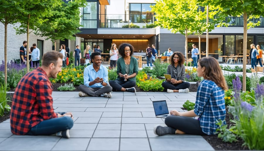 A diverse group of community members engaging in shared activities around a modern urban development, symbolizing social impact and collaboration in real estate projects.