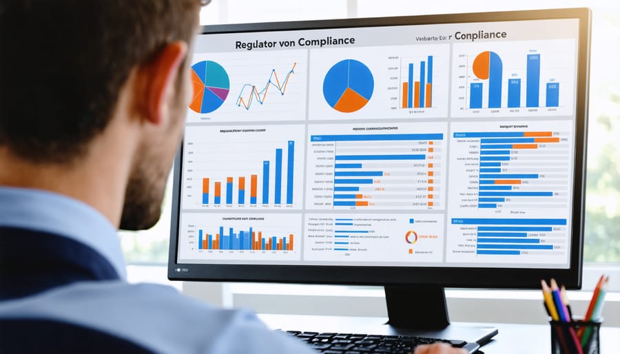 Business professional analyzing compliance documents and regulatory requirements on desktop