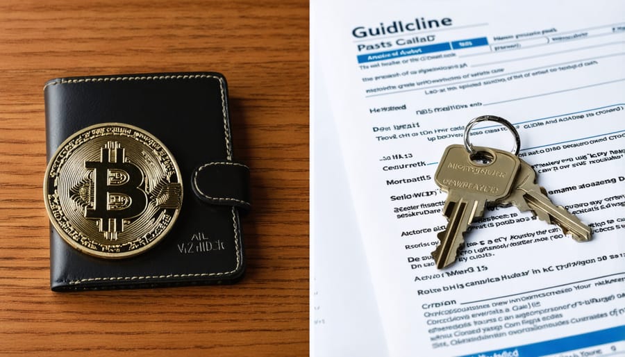 Cryptocurrency wallet interface next to traditional real estate assets showing crypto-backed mortgage concept