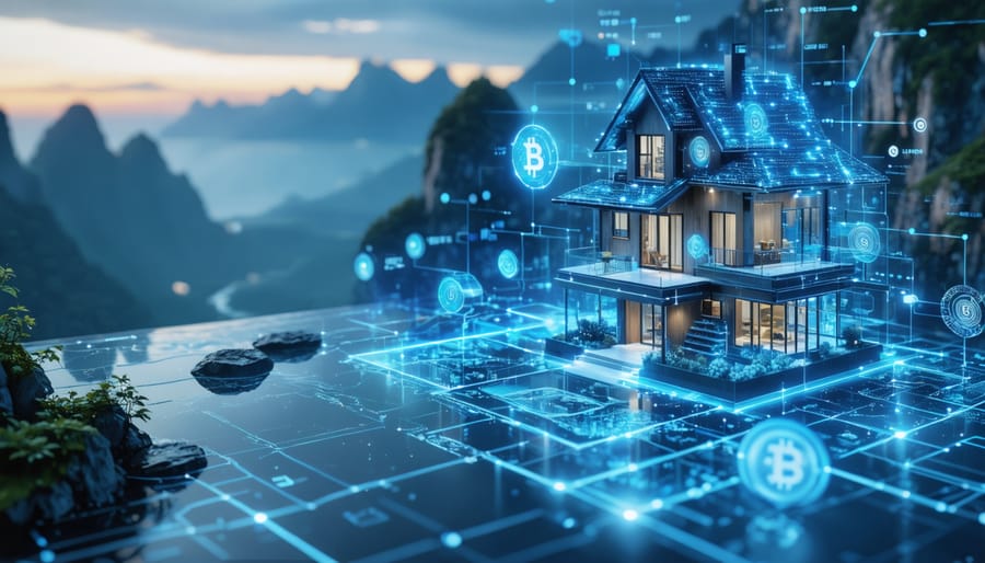 Conceptual depiction of real estate investment integration with cryptocurrency, showing properties connected with blockchain networks and digital currency symbols.