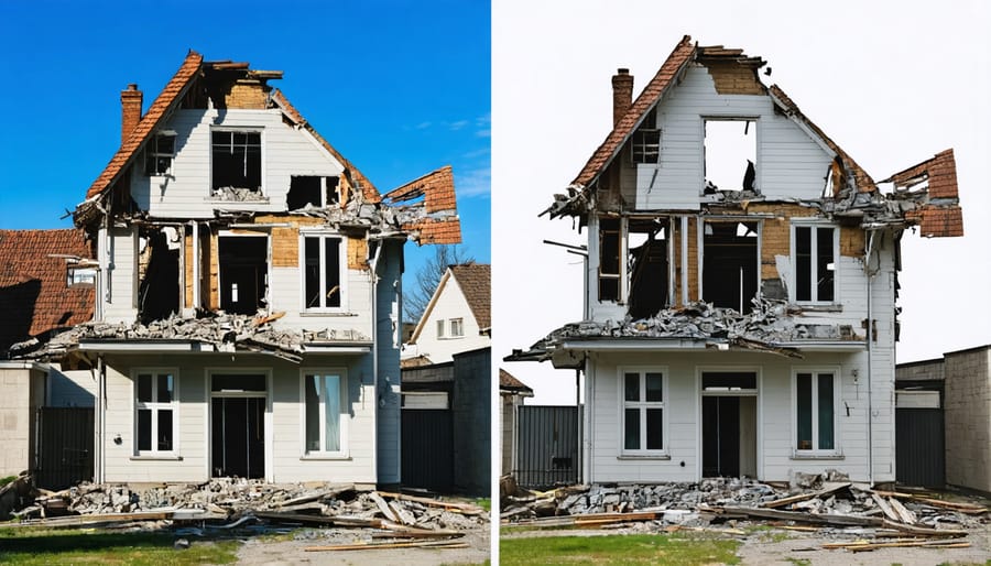 Side-by-side comparison showing real property damage photo versus deepfake version