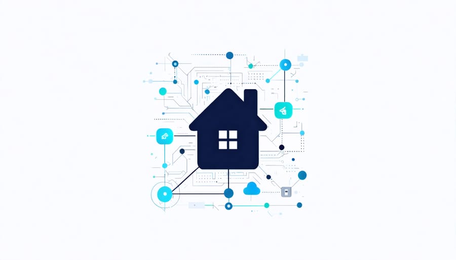 3D illustration showing a property token connected to blockchain nodes with a house symbol