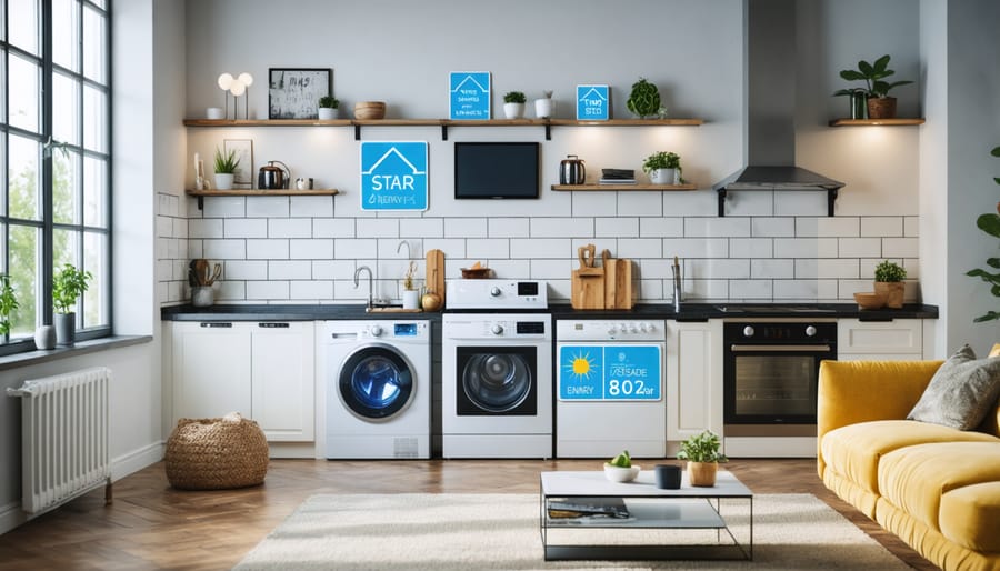 Collection of Energy Star certified appliances including refrigerator, washing machine, and dishwasher