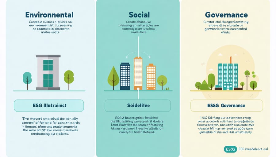 Visual representation of ESG components showing environmental sustainability, social responsibility, and corporate governance in real estate context