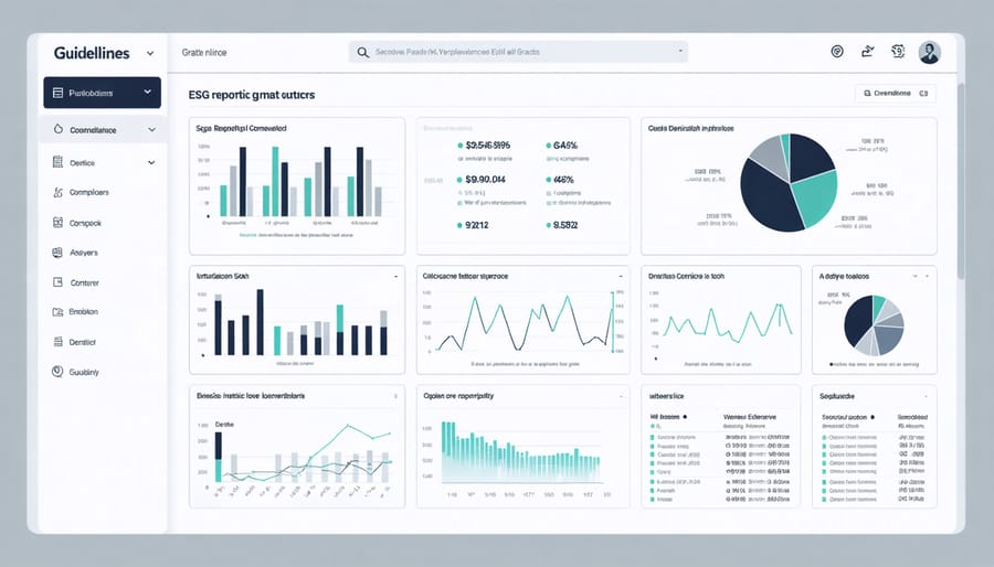 Digital dashboard displaying key ESG performance indicators and regulatory compliance metrics