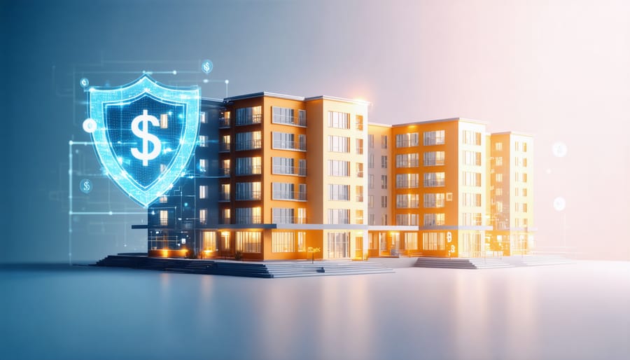 Illustration of a contemporary 5-unit apartment building with overlay icons representing insurance protection and savings.