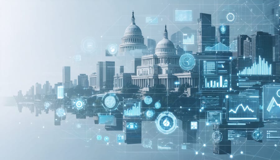 A conceptual depiction of the intricate regulatory landscape in real estate, featuring a geometric structure with icons of government buildings, compliance checklists, and digital charts, all interconnected against a city skyline backdrop.