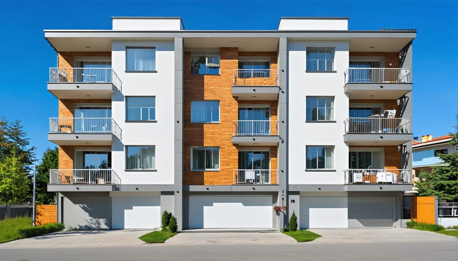 Exterior view of a typical 5-unit residential apartment building with insurance protection