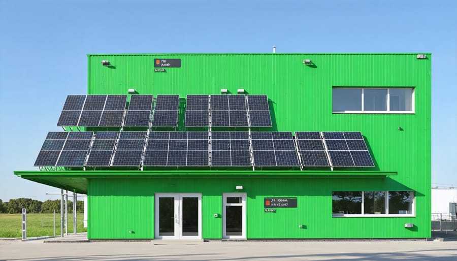 Sustainable commercial building featuring solar panels and energy consumption data visualization