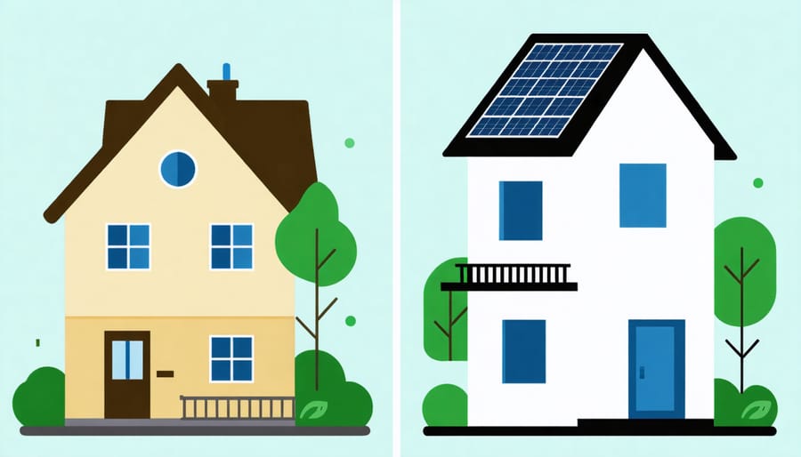 Side-by-side comparison of eco-friendly and traditional homes showing different mortgage rates
