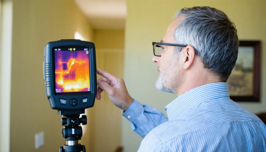 Energy auditor using thermal imaging equipment to assess home efficiency