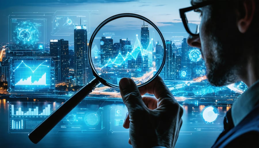 A professional insurance investigator analyzing data analytics on a digital interface, symbolizing the fight against property insurance fraud with modern technology and expertise.