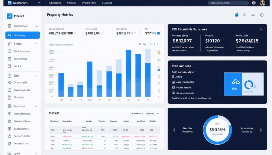 Real estate investment software dashboard displaying property analysis metrics and ROI calculations