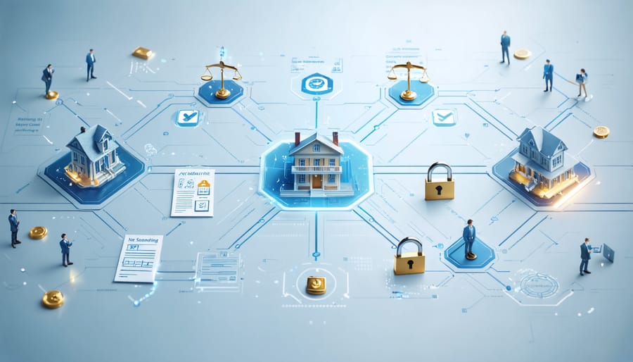 Conceptual illustration showing the interconnected network of peer-to-peer lending platforms, real estate properties, investors, and regulatory compliance elements like legal scales and documents.