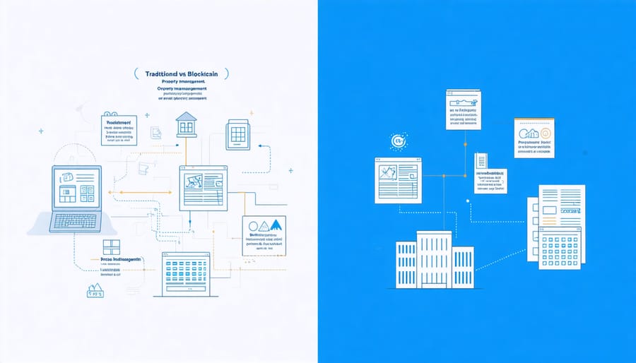 Comparison diagram of traditional paper-based and modern blockchain property management systems