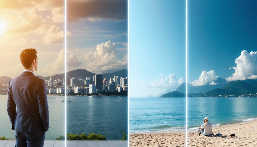 A real estate agent looking out over a cityscape on one side, with a peaceful retirement setting on the other, illustrating the journey from an active career to a planned retirement through strategic real estate investments.