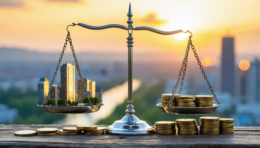 A balanced scale with a city skyline and coins, embodying the balance between real estate investments and annuity income, with a sunrise in the background.