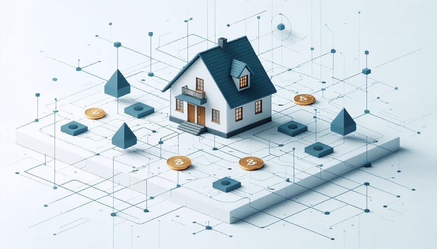 Digital representation of real estate tokenization process with connecting blockchain elements
