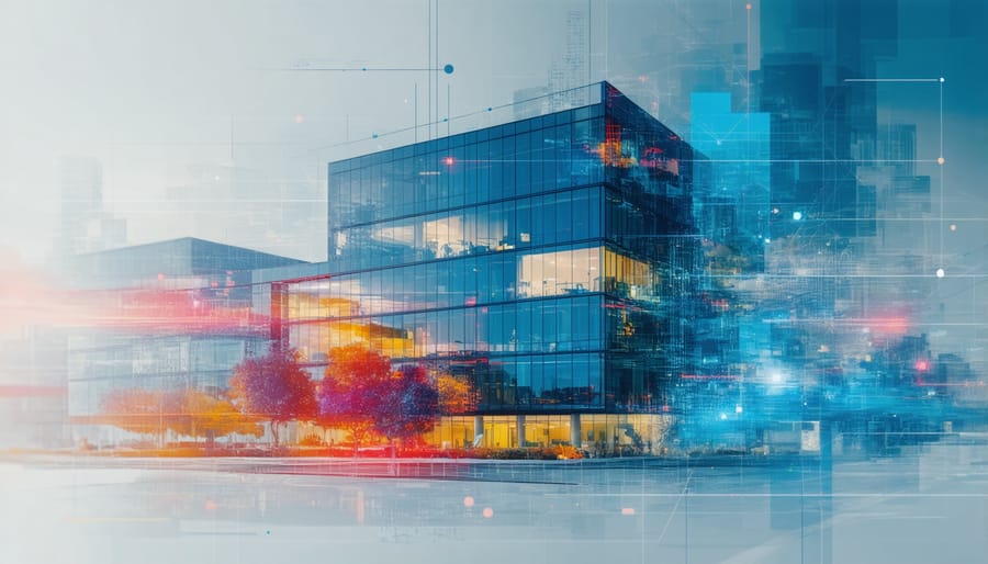 Commercial real estate building with graphical representation of REIT investment structure