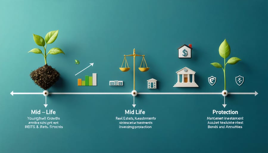 Dynamic timeline illustration showing the evolution of retirement investment strategies across different life stages, including stocks, real estate, bonds, and annuities.