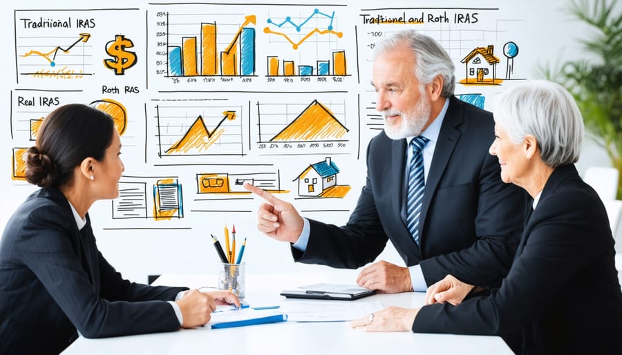 Financial advisor explaining tax-efficient retirement planning strategies to a senior couple, showcasing charts of IRAs, real estate investments, and tax documents.