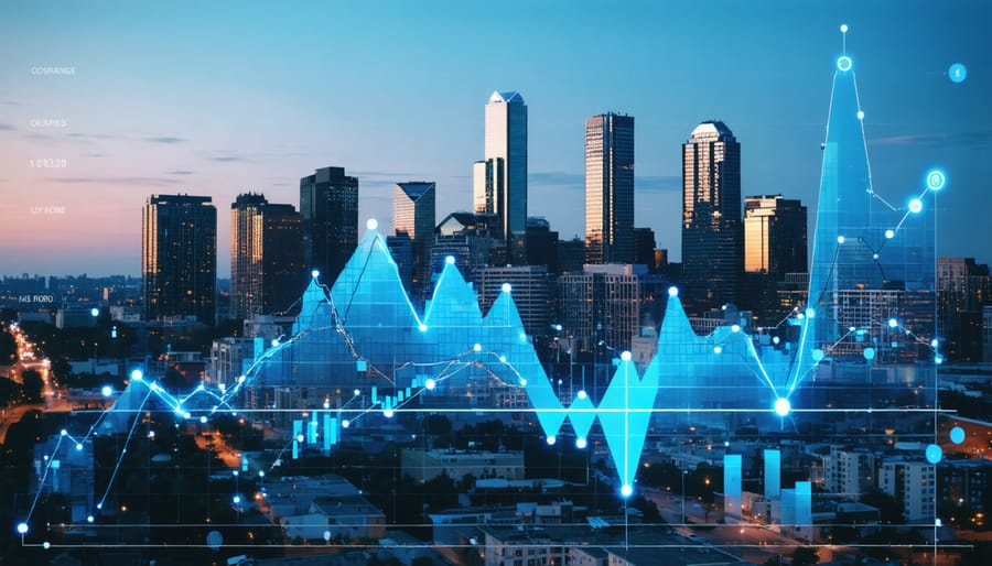 Modern city skyline with financial symbols representing tax shelters for real estate investors.