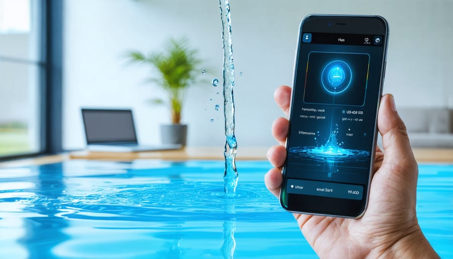 Smart water leak detector installed near water heater with smartphone displaying monitoring dashboard