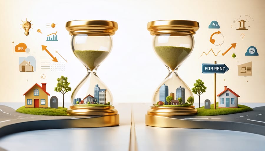 A sophisticated illustration of a golden hourglass symbolizing strategic retirement account management, merging with real estate investment icons and financial growth symbols, representing wealth preservation and income strategy.