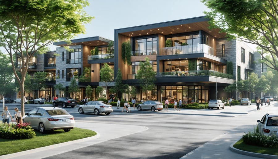 Sustainable mixed-use property development with visible community amenities