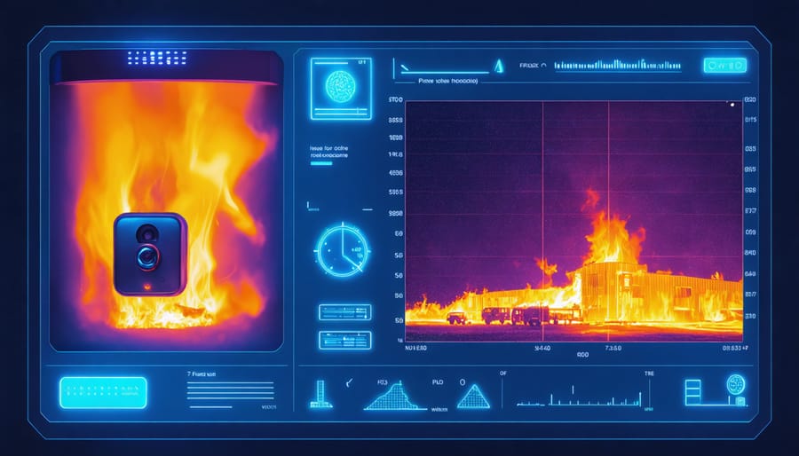 Digital interface of an AI fire detection system with thermal imaging overlay and alert indicators