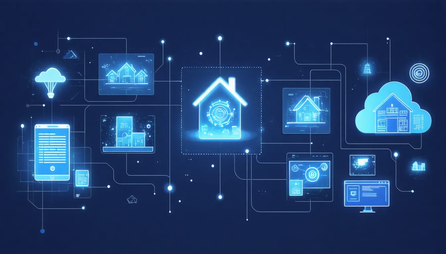 3D visualization of AI processing property insurance data with floating analytics elements