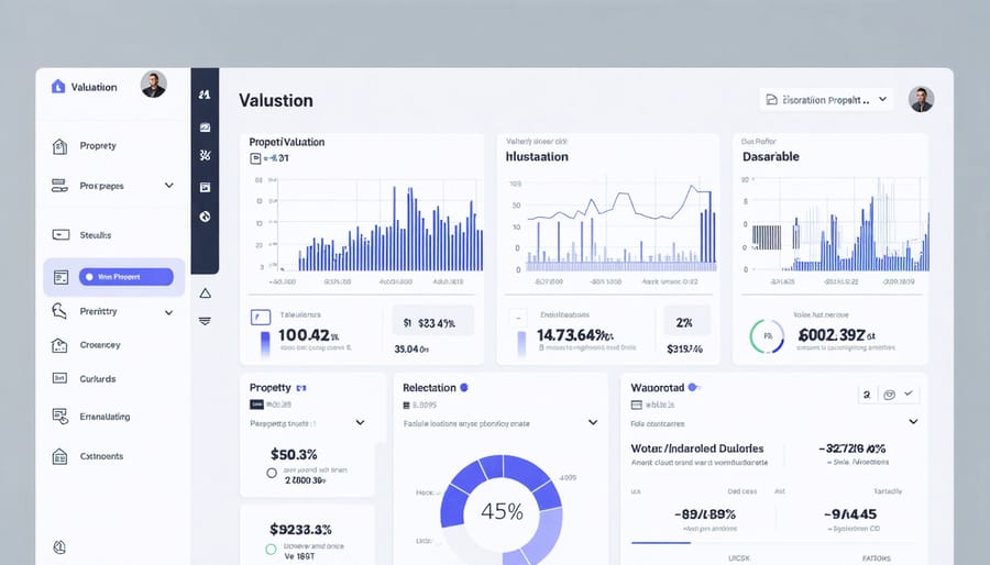 Digital dashboard displaying property values, market trends, and AI-powered analytics