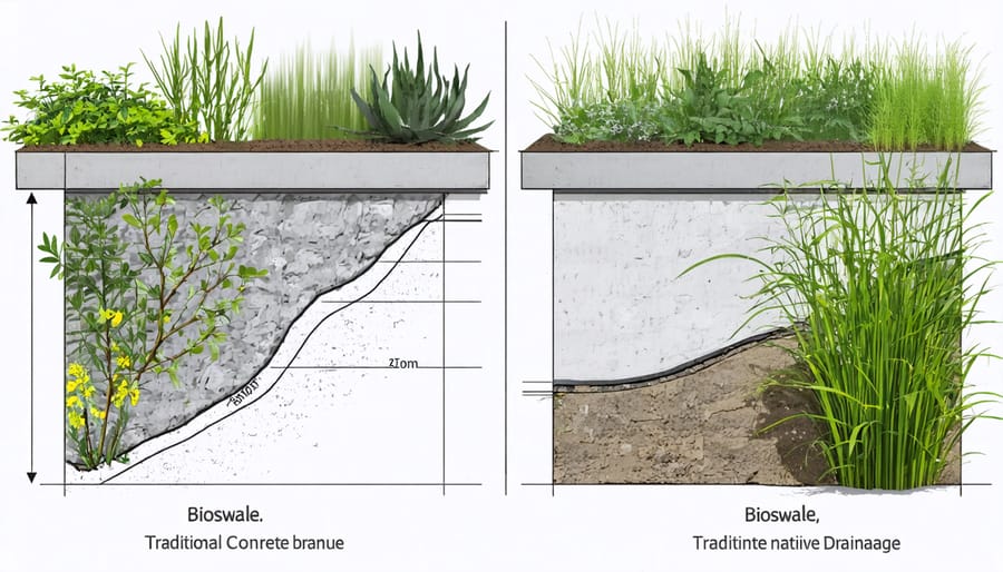 Comparison showing gray infrastructure and green infrastructure drainage solutions
