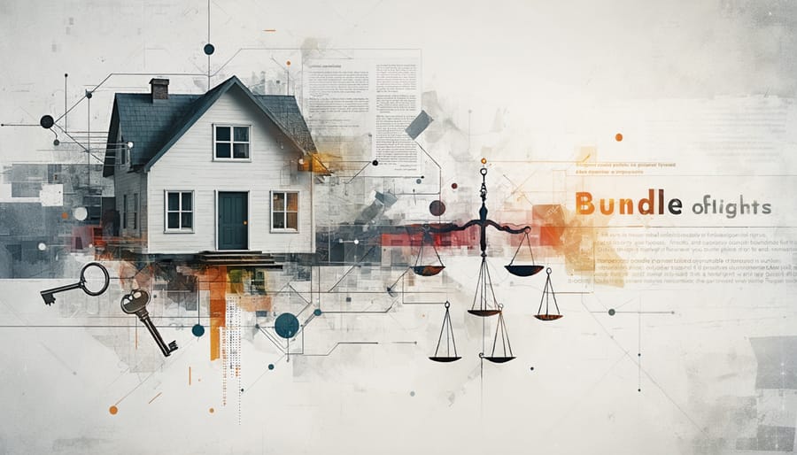 Conceptual collage showing various elements of property ownership, including a house, legal documents, keys, and scales of justice, interconnected by network lines, symbolizing the complex bundle of rights in property law.