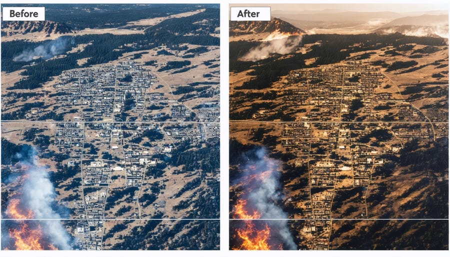 Comparison of satellite imagery showing protected community versus surrounding damaged areas after a wildfire event