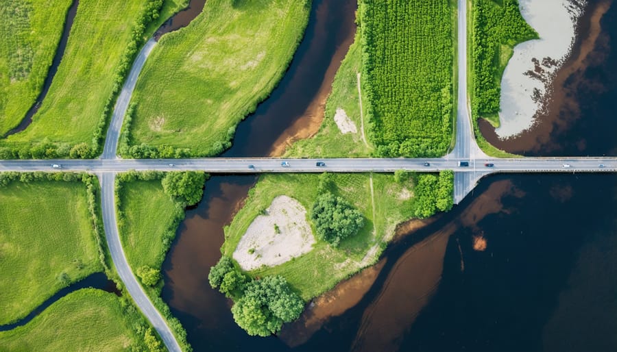 Bird's eye view of Cedar Rapids showing flood walls, detention basins, and community parks integrated into flood protection system